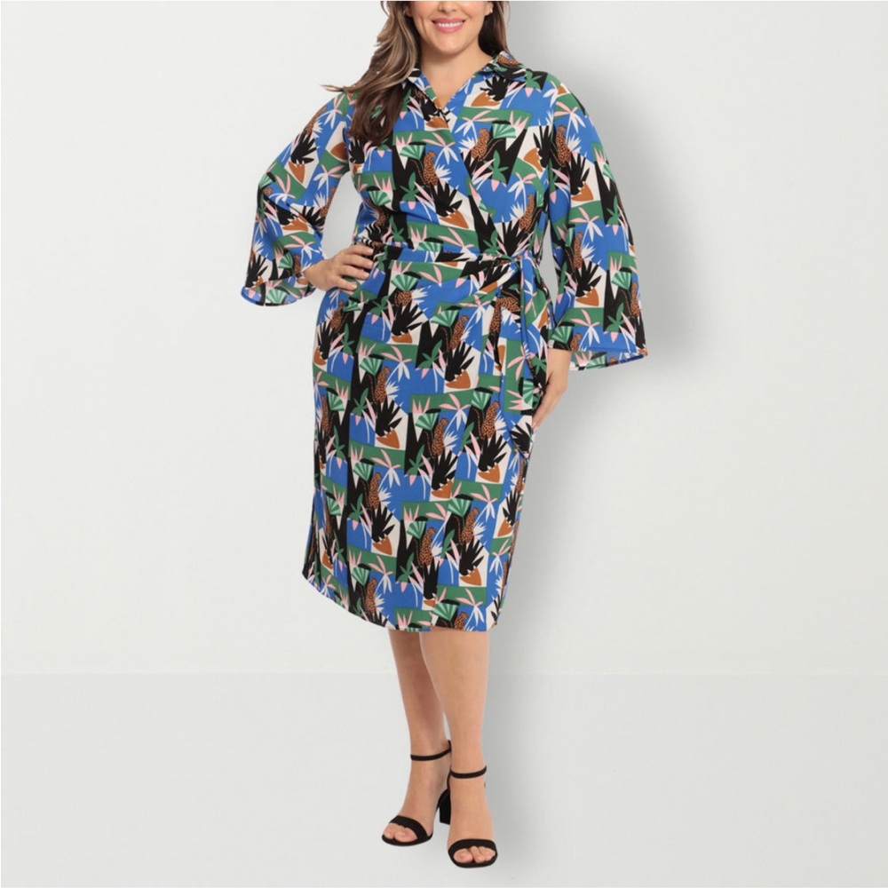 Clover And Sloane Long Sleeve Cheetah Print Midi Wrap Dress
